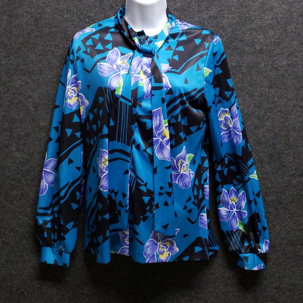 Vintage 70s 80s tie neck blouse long sleeve floral - Picture 2 of 8